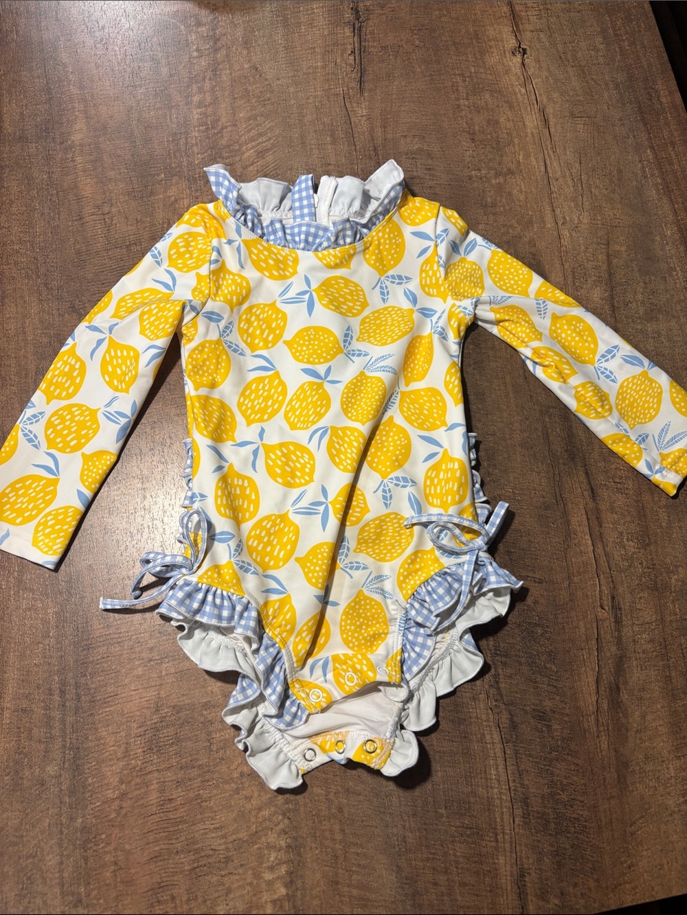 Girls Yellow Lemon Print Long-Sleeve One-Piece Swimsuit